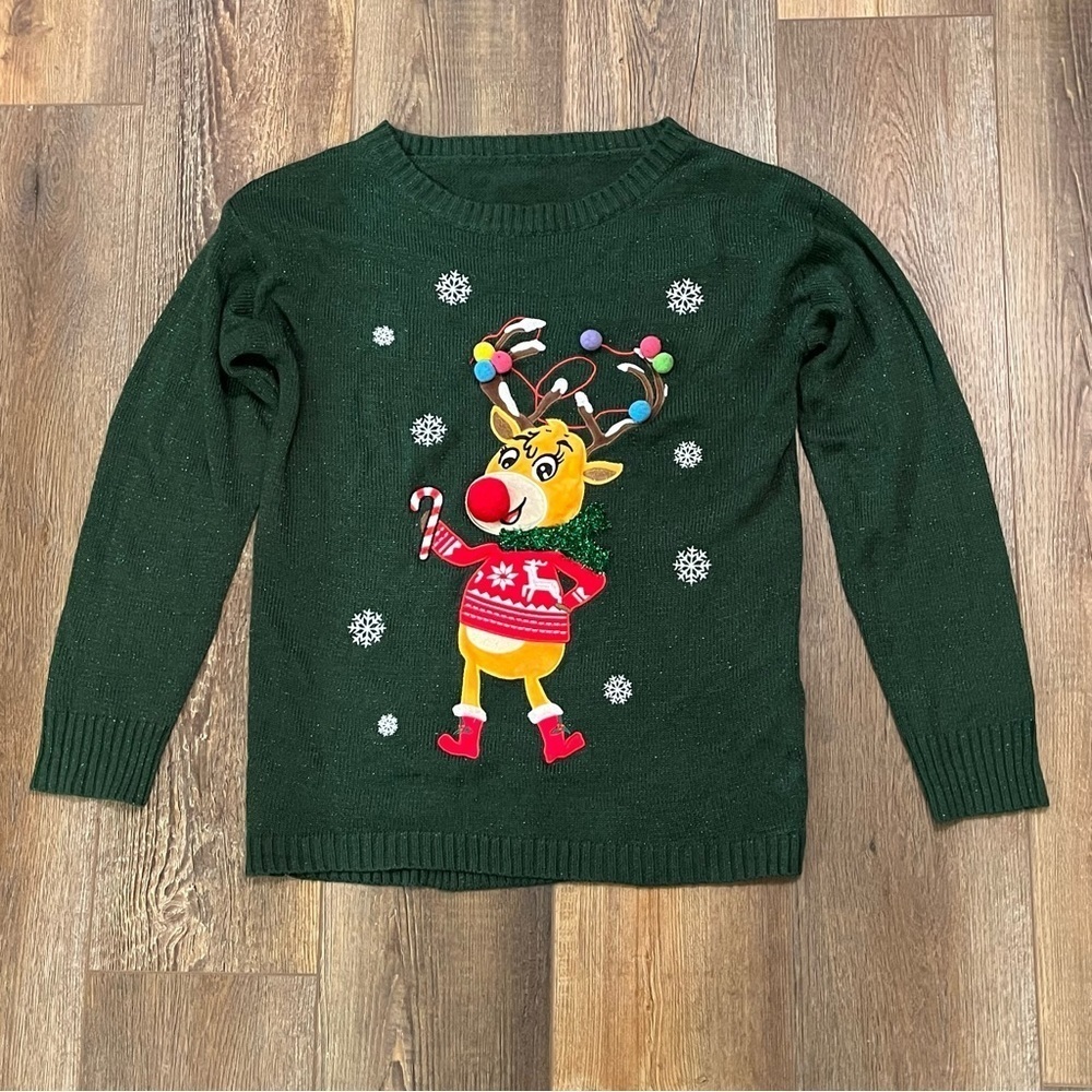 Green Christmas Sweater Women's Size M Rudolph Reindeer Red Nose Poms Snowflakes